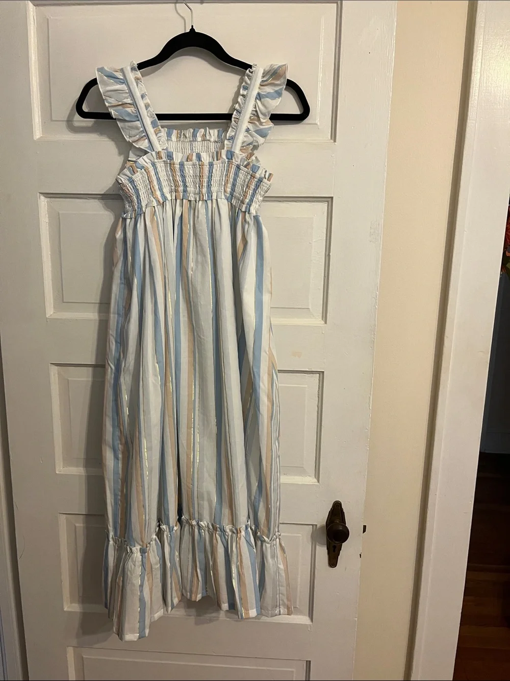 Haute Hippie Light Blue, White & Gold Striped Sundress with Ruffle Straps